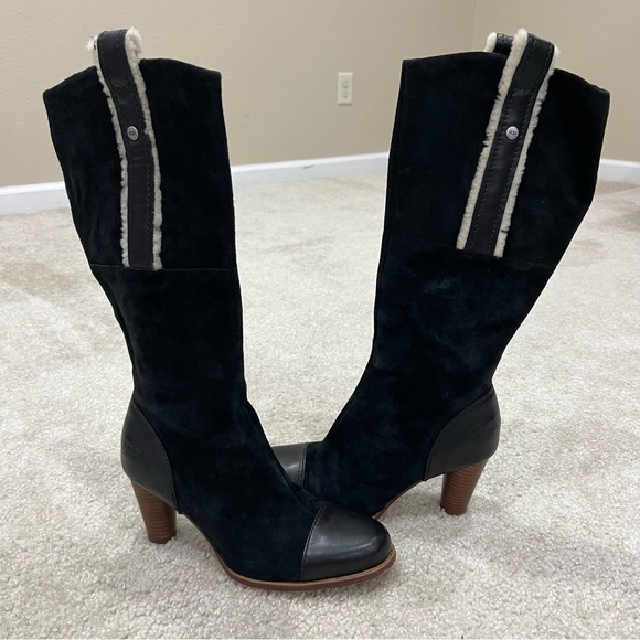 UGG Black Heeled Boots with Cream Accents - Picture 1 of 16
